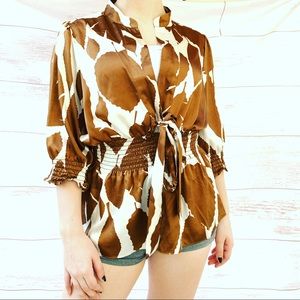 VINTAGE PRINTED SILK SMOCKED WAIST BLOUSE BROWN
